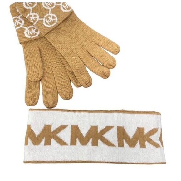 Michael Kors MK Headband and Gloves Gift Set Logo Camel & Cream Reversible NEW - Picture 2 of 8
